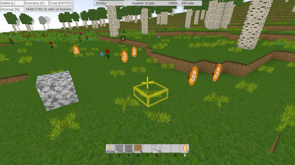 LightningBlocks gameplay — voxel world with Lightning coins